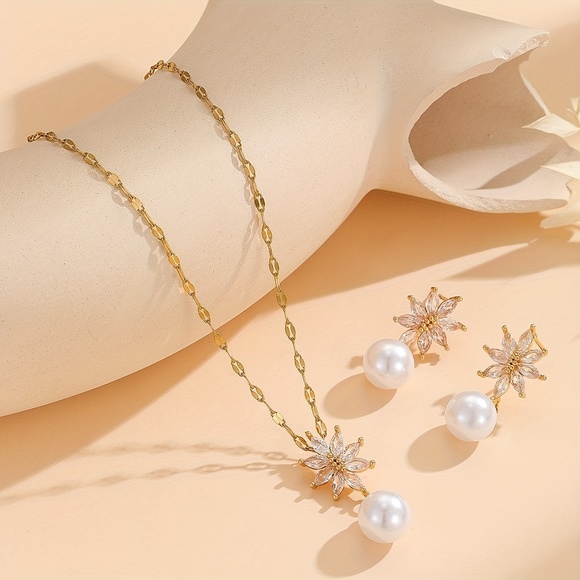 18K Gold Plated Stainless Steel Zircon Earrings & Necklace Set with Pearls - Picture 1 of 5